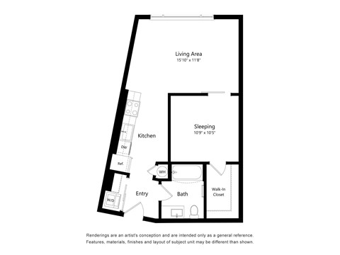 A floor plan of a small apartment with a living area, kitchen, sleeping area, bathroom, and entry.